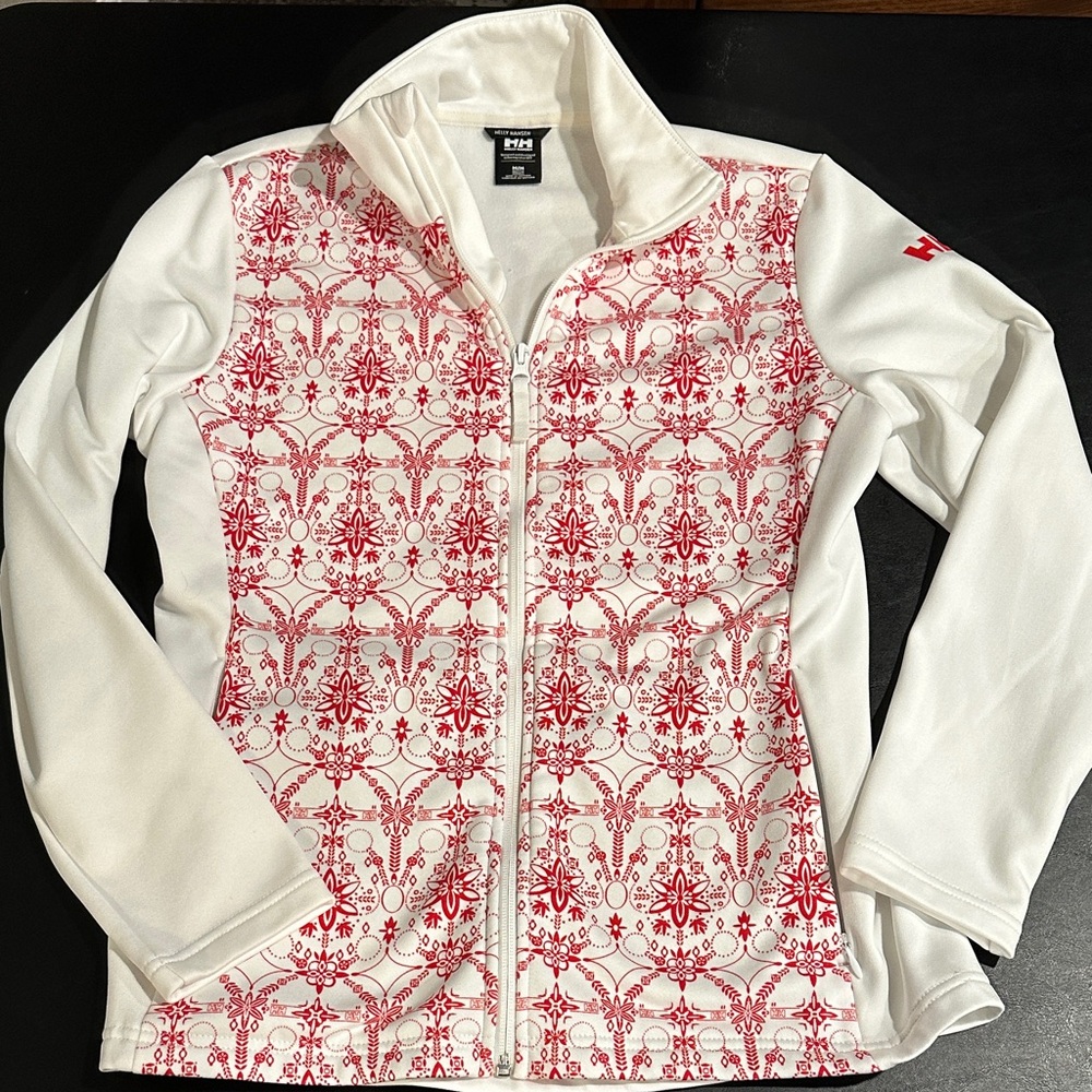 Vintage Helly Hansen Women's Full Zip Jacket in White with Red Pattern